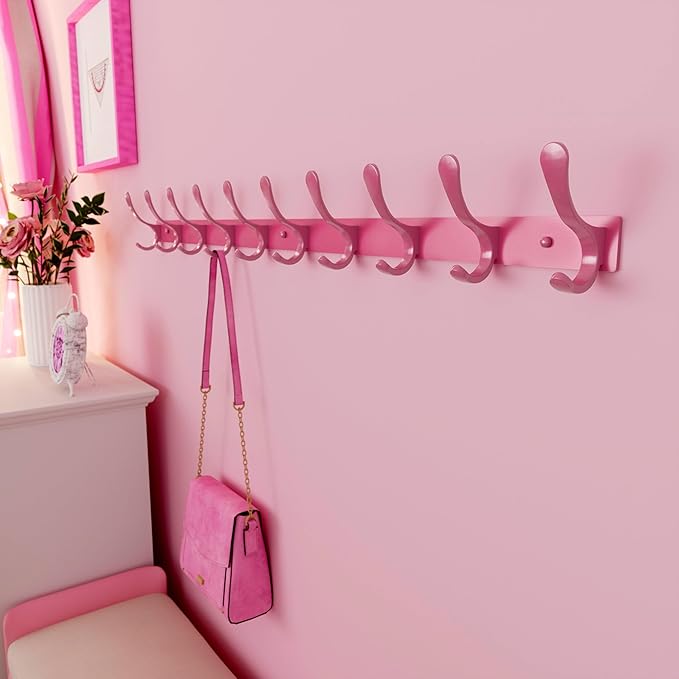 SKOLOO Coat Rack Wall Mounted - 10 Hooks, Pack of 2, Heavy Duty, Stainless Steel, Metal Wall Hanger, Sturdy Coat Hooks for Hanging Coats, Jacket, Clothes, Hat, Pink
