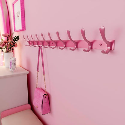 SKOLOO Coat Rack Wall Mounted - 10 Hooks, Heavy Duty, Stainless Steel, Metal Wall Hanger, Sturdy Coat Hooks for Hanging Coats, Jackets, Clothes, Hats - Pink