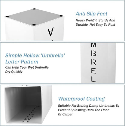 Metal Umbrella Stand Holder, 16.5x6.3x6.3inch Square Free Standing Umbrella Rack Decorative Umbrella Holder Bin Multipurpose Walking Sticks Holder for Umbrella Cane Entryway (White)