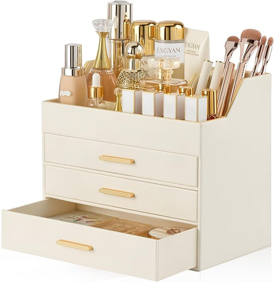 Lolalet Makeup Organizer for Vanity Desk, 4-Layer PU Leather Luxury Make Up Storage Cosmetics Holder Box with Drawers -Beige