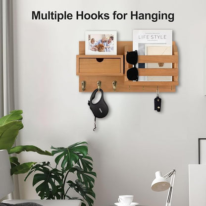 Lwenki Wall Mount Key Holder with Mail Organizer, 100% Paulownia Wood, 7 Metal Hooks, Storage Drawer, Entryway Home Decor