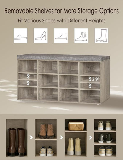 DINZI LVJ Shoe Bench, 12 Cubbies Shoe Organizer for Entryway, Storage Bench with Cushion, Cubby Shoe Rack with Adjustable Shelves for Living Room, Bedroom, Mudroom, Hallway, Gray Wash