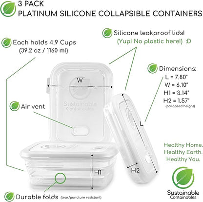 Premium Silicone Collapsible Food Storage Containers with Silicone Leakproof Lids, Platinum Food-Grade, BPA Free, LFGB Certified, Compact, Reusable Lunch Box, Microwave Safe, 4.9 Cups 3 Pk