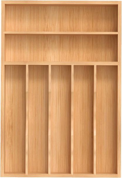 Silverware Organizer, Bamboo Kitchen Drawer Organizer, Utensil Holder, Cutlery Tray & Spoon Flatware Storage with Grooved Drawer Dividers (11''W x 16''D)