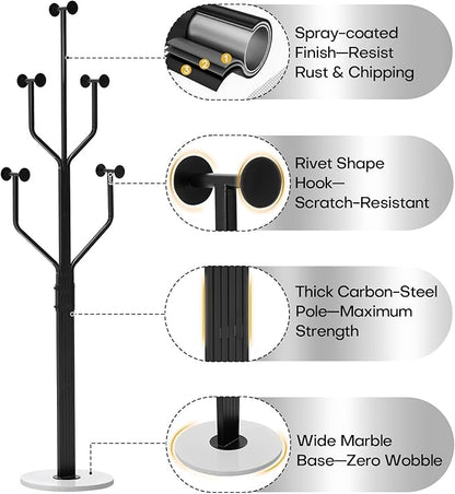 Coat Rack Freestanding with 10 Hooks, Metal Coat Rack Stand, Heavy Duty Standing Coat Tree with White Sturdy Round Base for Clothes, Hat, Jacket/Entryway, Hallway, Bedroom, Black