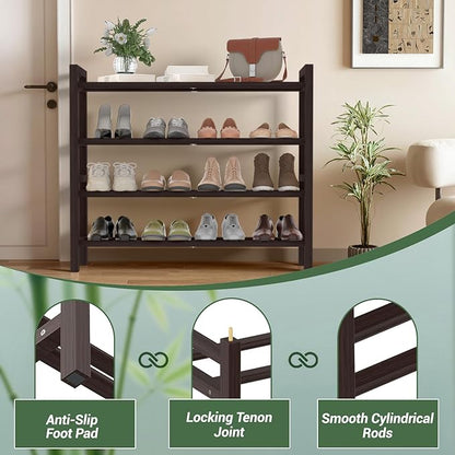 Haddockway Bamboo Shoe Rack for Closet, Free Standing Shoe Organizer with Smooth Round Rods & Convenient Handles, Stackable Shoe Storage Shelf for Entryway, Hallway(Brown, 4-Tier)