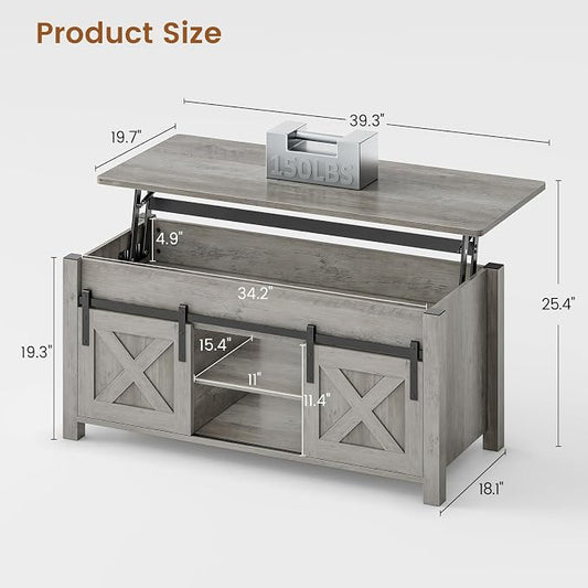 SEDETA Lift Top Coffee Table, Farmhouse Lift Tabletop Dining Table, Gas Spring, Hidden Compartment, Open Storage Shelf, for Living Room, Grey