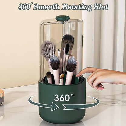 Makeup Brush Holder with Dustproof Cover, Clear 360 Rotating Make Up Brushes Organizer for Counter Vanity Bathroom, Olive Green