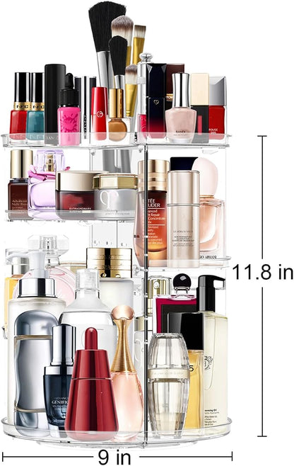 Makeup Organizer 360 Degree Rotating Cosmetic Organizer DIY Adjustable Makeup Carousel Spinning Holder Rack, Large Capacity Cosmetic Storage Box Makeup Brushes Organizer for Vanity Countertop (Clear)