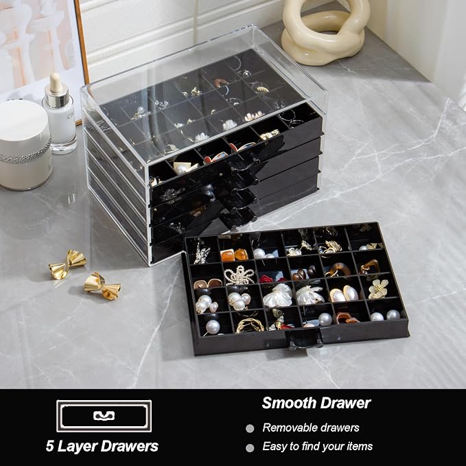 YUFONG Earring Storage Box Organizer 3 Drawers Acrylic Jewelry Storage Box Holder Transparent Jewelry Display Stand with 72 Small Compartments Gift for Women Girls (Black)