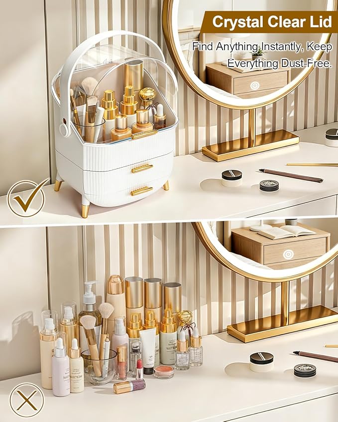 Makeup Organizer and Storage for Bathroom Vanity Countertop, Portable Travel Cosmetic Display Cases with Lid and Drawers, Gift for Women and Girls -White