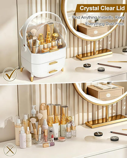 Makeup Organizer and Storage for Bathroom Vanity Countertop, Portable Travel Cosmetic Display Cases with Lid and Drawers, Gift for Women and Girls -White