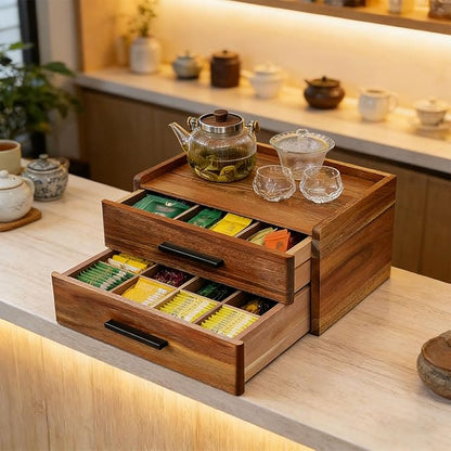 Double Drawer Acacia Wood Tea Bag Organizer, 21-Slot Tea Organizers and Storage, Tea Box Organizer Storage Box for Countertop Office Coffee Corner – Bring Warmth and Order to Your Tea Corner