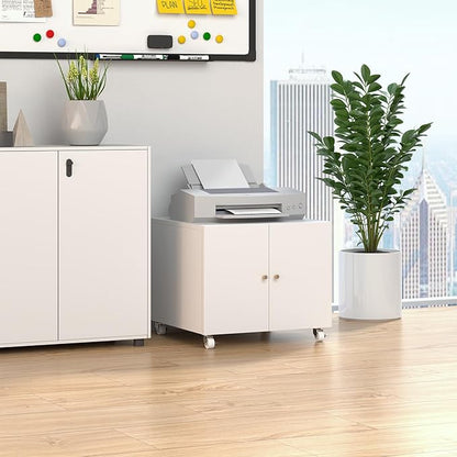 TEEALUBAN Printer Stand with Storage Cabinet with Wheels,3D Heavy Duty Metal Large Printer Table with Adjustable Shelf for Home Office, Mobile Printer Cart,White,17.72" H