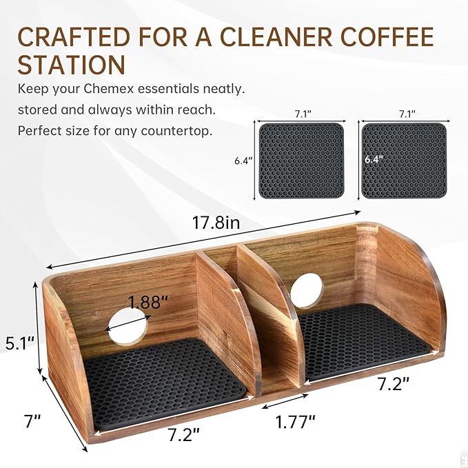 MAVOTER Acacia Coffee Bar Station Organizer Stand for Pour Over Maker, Coffee Filter Holder for Countertop ,Wooden Caddy Storage Organizers with Heatproof Mat(17.8*7*5.1 inch)