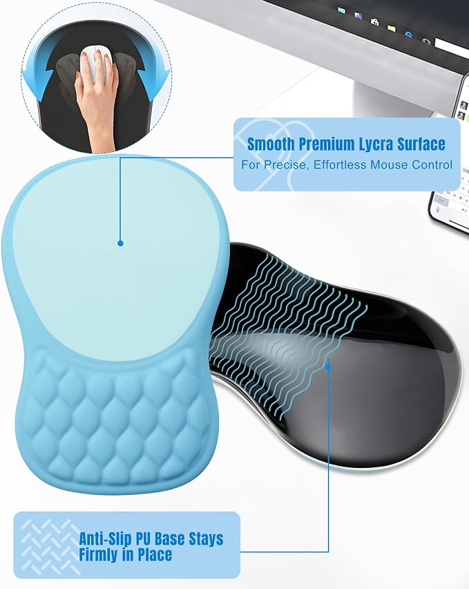 Ergonomic Mouse Pad with Wrist Rest, Slope Design Memory Foam Support, Smooth Lycra Surface, Non-Slip PU Base, Comfortable Mouse Mat for Office, Home, Computer Desk