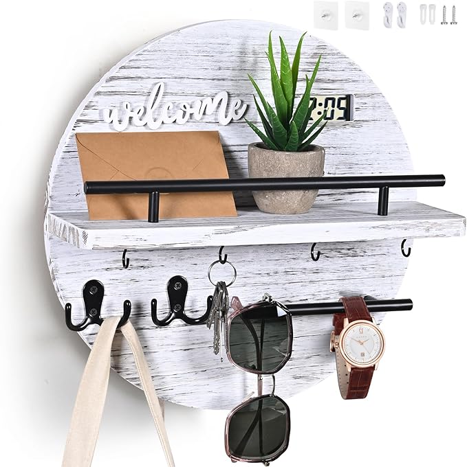 Key Holder for Wall, Round Wooden Rustic Key and Mail Organizer for Wall - Key Holder Wall Mount for Entryway, Mudroom, Hallway, Kitchen, Office - Home Decor (Pale White)
