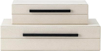 Set of 2 Beige Shagreen Decorative Storage Boxes with Black Metal Handles – Faux Leather Jewelry & Memory Boxes, Nesting Photo Organizers for Home Decor