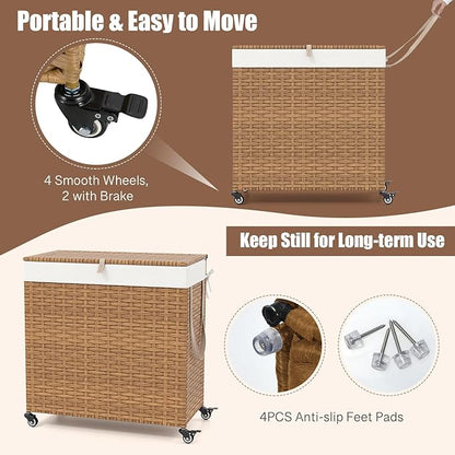 GOFLAME Laundry Hamper with Lid and Wheels, 125L Hand Woven Rattan Laundry Basket with 3 Divided Sections, Handles, 2 Removable and Washable Liner Bags, Dirty Clothes Hamper for Bedroom (Natural)