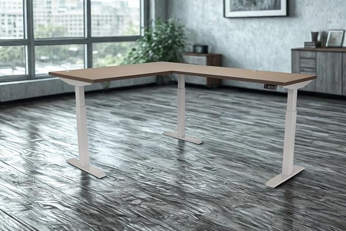Lift It, Electric Height Adjustable 72"x30" L-Shape Desk and 48"x24" Return, Dual Motor and 4 Memory/USB Charging Digital Controller with Walnut Block Top and Silver Frame