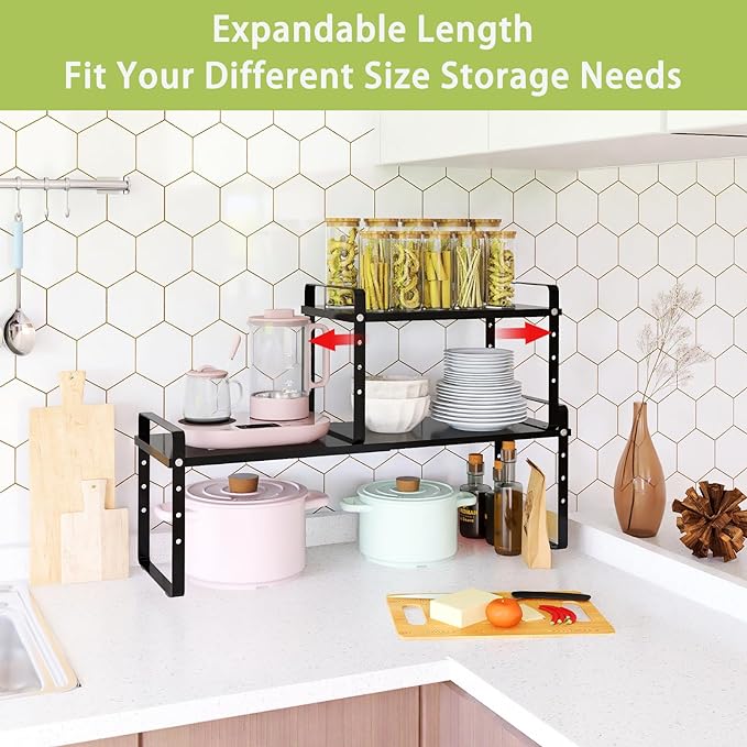 Across-Star Expandable Cabinet Shelf Organizer Rack, Stackable Kitchen Counter Storage Shelves Stand, Adjustable Height Pantry Shelf Spice Rack