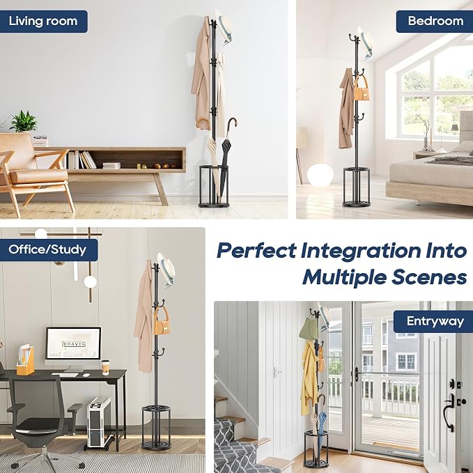 Coat Rack Freestanding, Black Coat Rack with Umbrella Holder, standing hat rack umbrella stand for entryway, coat hanger stand with 12 Hooks, office coat tree for Hat, Umbrella, jacket, Bag, Clothes