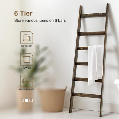 TEAKMAMA 6-Tier Blanket Ladder for Living Room and Bedroom,5.4 Ft Wall Leaning Quilt Rack with Hooks,Rustic Decorative Farmhouse Blanket Storage,Ladder Holder,Christmas Decorations,Rustic Brown