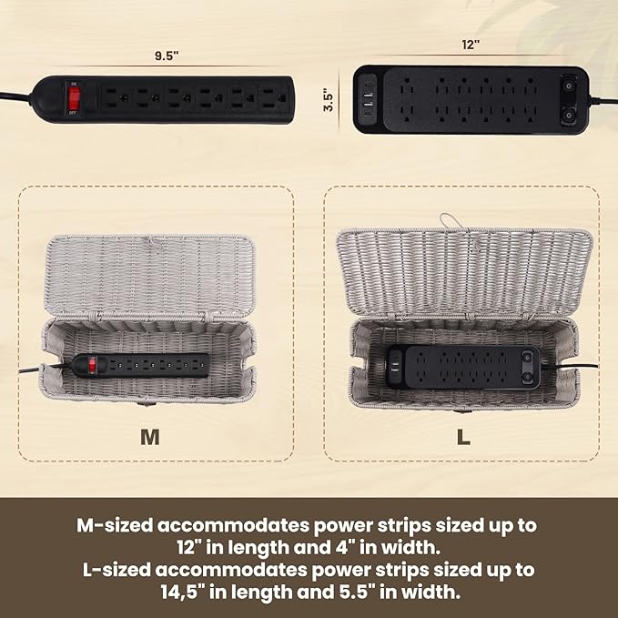BROWNLILY Cable Management Box, Rattan Style Cord Organizer for Desk Cord Hider Outlet Covers for Power Strip TV PC Router Charger Under Desk Storage with Lockable Lid and Cable Ties