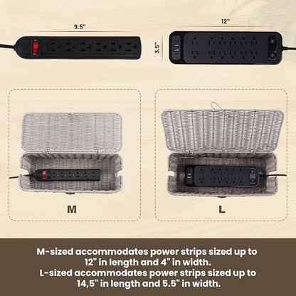 BROWNLILY Cable Management Box, Rattan Style Cord Organizer for Desk Cord Hider Outlet Covers for Power Strip TV PC Router Charger Under Desk Storage with Lockable Lid and Cable Ties