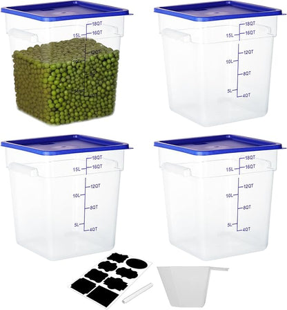 4 Pack Food Storage Containers, 18 Quart Square Commercial Food Containers with Lids, NSF, Polycarbonate, Clear