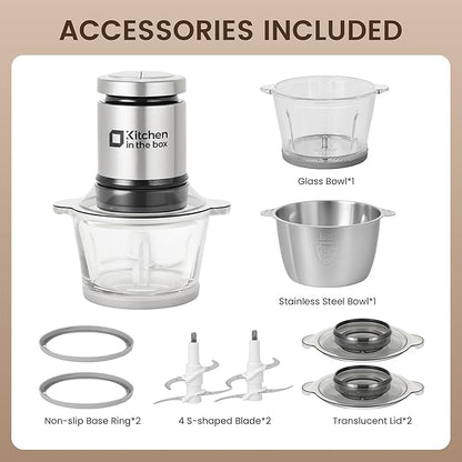 Kitchen in the box Food Processor, Electric Meat Grinder & Food Chopper with 400W Powerful Veggie Chopper-2 Bowls（8 Cup+8 Cup） & 2 Bi-Level Blades for Meat/Fish/Vegetable/Baby Food（Black Button）
