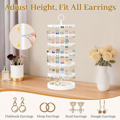 MODOWEY 6 Tier Rotating Earring Holder Organizer Display Tree with Wooden Tray, Adjustable Plastic Stand with 342 Slots for Stud Hoop Hanger, Large Capacity Storage Rack for Women Space Saving, White