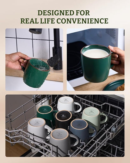 famiware Mercury Coffee Mugs 13 oz, Coffee Mugs Set of 6 with Handle, Cups for Latte, Hot Tea, Cappuccino, Mocha, Cocoa, Dark Green