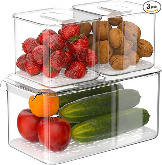 Produce Saver Containers for Refrigerator 3 Pack, Stackable Plastic Fridge Food Fruit Vegetables Storage Bins with Vented Lids, Clear Freezer Fresh Keeper Organizers and Storage Container Set
