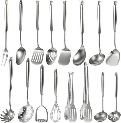 Newness 16 Pcs Cooking Utensils Set, 304 Stainless Steel Kitchen Utensils Set, Metal Kitchen Accessories, Include Soup Ladle, Slotted Skimmer Spoon, Spaghetti Spoon and Spatula, Dishwasher Safe