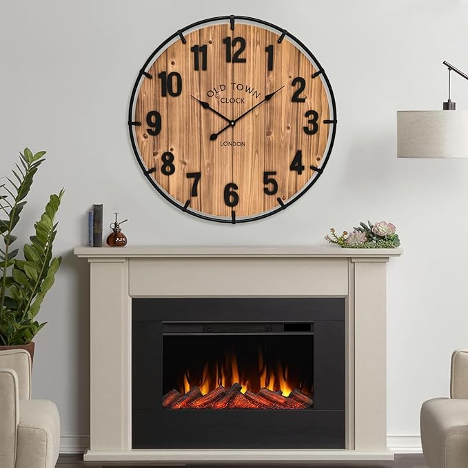 MICWIC 24 Inch Farmhouse Wall Clock Large Old Town Vintage Rustic Wooden Clock with Metal Rim and Large Numerals, Silent Battery-Operated for Office, Kitchen, Bedroom, and Living Room