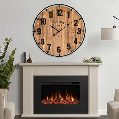 MICWIC 24 Inch Farmhouse Wall Clock Large Old Town Vintage Rustic Wooden Clock with Metal Rim and Large Numerals, Silent Battery-Operated for Office, Kitchen, Bedroom, and Living Room