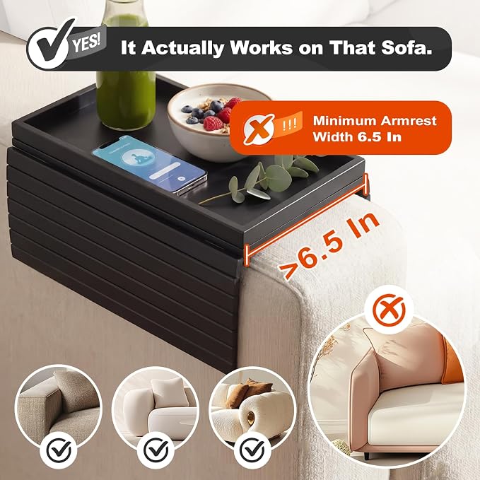Sofa Arm Tray, Foldable Bamboo Couch Armrest Table with Large 12.5" x 5.8" Storage Compartment, Portable Chair Couch Caddy Arm Tray for Cup TV Snacks Phone