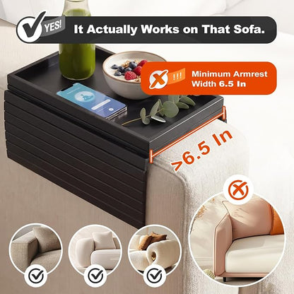Sofa Arm Tray, Foldable Bamboo Couch Armrest Table with Large 12.5" x 5.8" Storage Compartment, Portable Chair Couch Caddy Arm Tray for Cup TV Snacks Phone