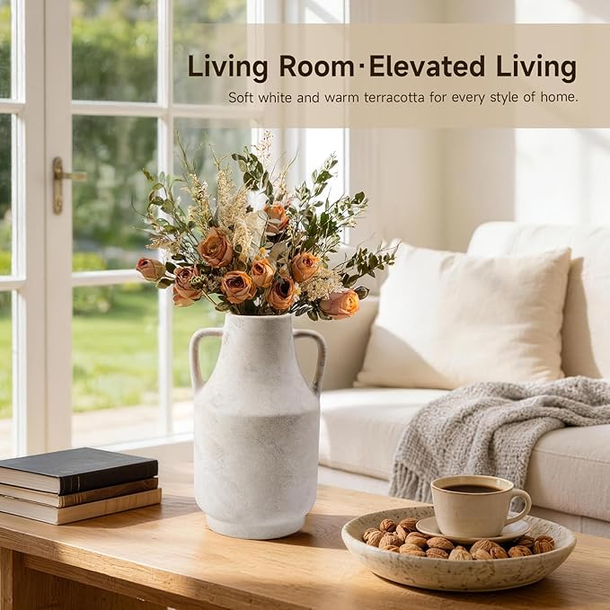Ceramic Flower Vase with Handles – 11 Inch Tall Rustic Farmhouse Centerpiece Vase, Distressed Terracotta Style Decorative Vase, Living Room, Dining Table, Entryway & Fireplace Home Decor, White