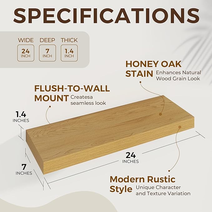 Dreamland 24 inch Floating Shelves Long Floating Shelves for Wall Large Wall Mounted Shelves with Invisible Brackets, Oak Shelves for Bathroom, Living Room, Kitchen, Office, 24x6.7 inch deep Set of 2