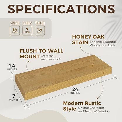 Dreamland 24 inch Floating Shelves Long Floating Shelves for Wall Large Wall Mounted Shelves with Invisible Brackets, Oak Shelves for Bathroom, Living Room, Kitchen, Office, 24x6.7 inch deep Set of 2