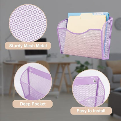 EASEPRES 3 Single Pocket Mesh Hanging File Organizer, Vertical Wall Mounted Magazine File Holder, Mount Basket Mail Paper Document Folder Organizing for Office, Home and School, Light Purple