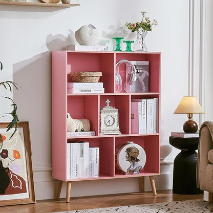 LEYAOYAO Cube Bookshelf 3 Tier Mid-Century Light Pink Modern Bookcase with Legs,Retro Wood Bookshelves Storage Organizer Shelf,Freestanding Open Book Shelves for Bedroom,Living Room,Office