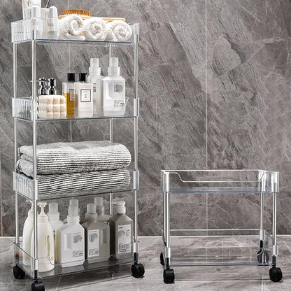 Betoveren 2 Tier Utility Rolling Cart Storage Organizer with Wheels Under Desk Mobile Bathroom Cart Organizer for Office Bathroom Home Kitchen Organization Transparent (Width 8.85 Inches)