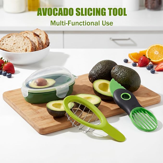 Avocado 3 Piece Set, Includes Avocado Slicer, Cutter and Airtight Storage Container, Dishwasher Safe Tool for Slicing, Dicing and Keeping Avocados Fresh
