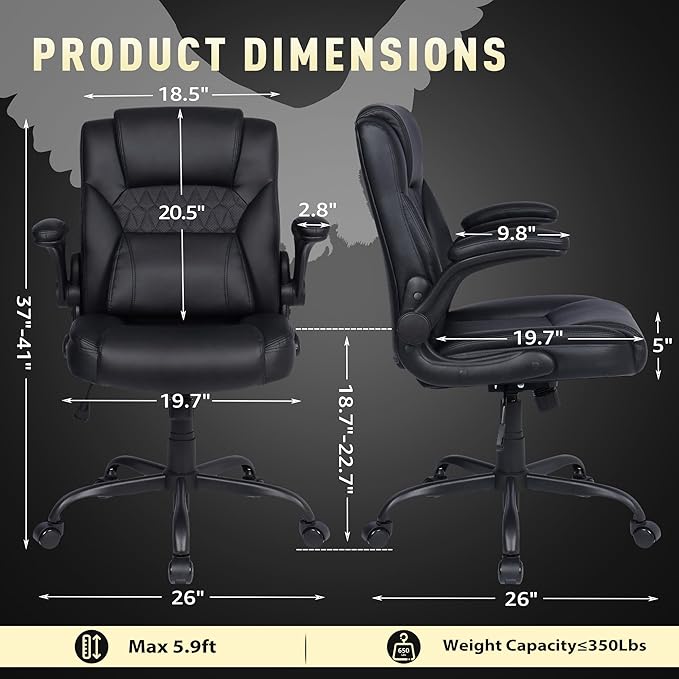 Home Office Chair with Lumbar Support, 5" Thickened Seat, Small PU Leather Rocking Desk Chair, Comfy Computer Chairs with Rolling Wheels & Adjustable Armrests for Adults, Black