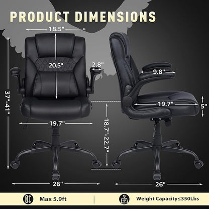 Home Office Chair with Lumbar Support, 5" Thickened Seat, Small PU Leather Rocking Desk Chair, Comfy Computer Chairs with Rolling Wheels & Adjustable Armrests for Adults, Black