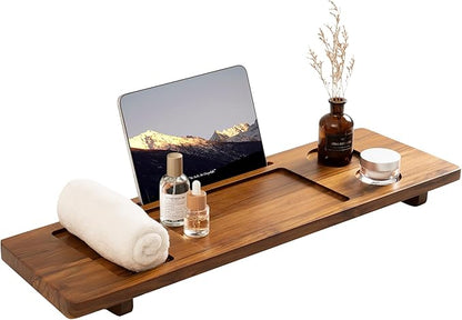 Teak Bathtub Tray - Wood Bath Caddy Tray 29" for Small Tubs - Adjustable Bathtub Table Trays - Luxury Shower Organizer for Home Spa Relaxation and Reading - Light Walnut Color