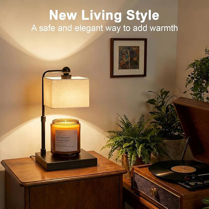 Candle Warmer Lamp with Timer, Dimmable, Adjustable Height, Modern Farmhouse Linen Shade, Black Candle Warming Lamp for Up to 6-Inch Jar Candles, 2 Bulbs Included